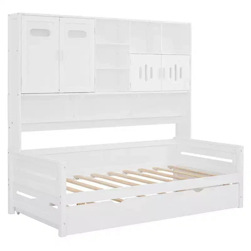 Lit de repos double/complet avec bibliothèque de rangement, lit de repos en bois avec lit gigogne, lit de repos en bois avec armoires de rangement et étagères