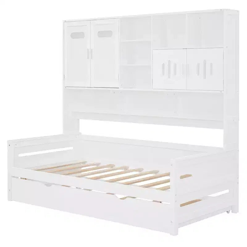 Lit de repos double/complet avec bibliothèque de rangement, lit de repos en bois avec lit gigogne, lit de repos en bois avec armoires de rangement et étagères