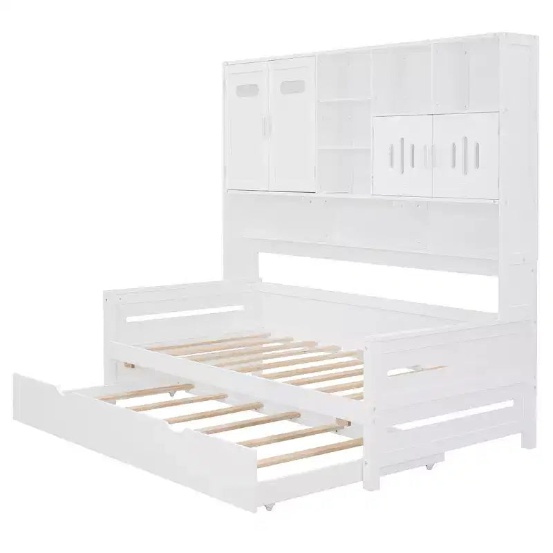 Lit de repos double/complet avec bibliothèque de rangement, lit de repos en bois avec lit gigogne, lit de repos en bois avec armoires de rangement et étagères