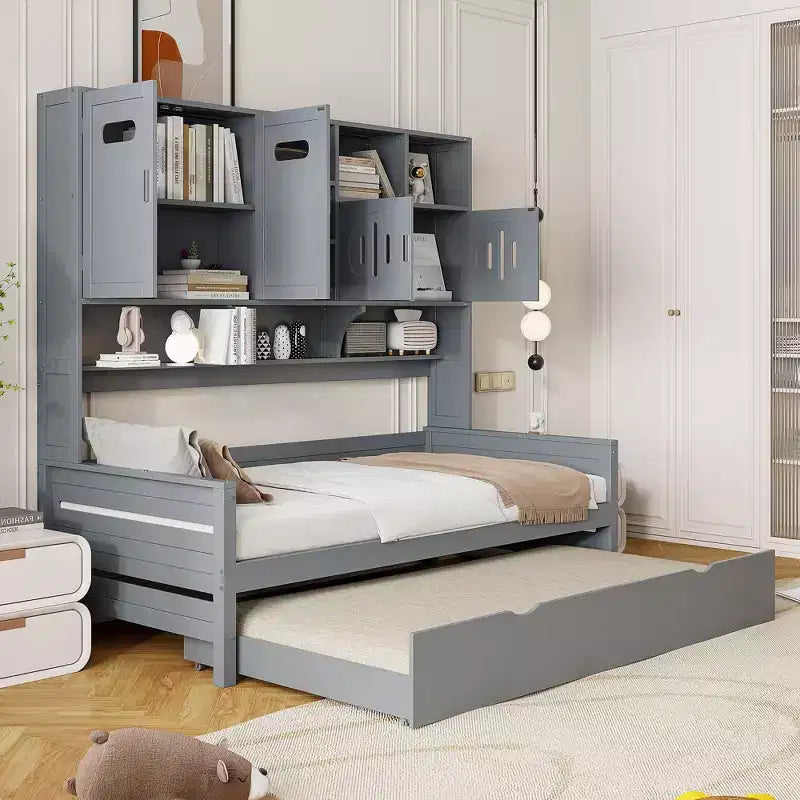 Lit de repos double/complet avec bibliothèque de rangement, lit de repos en bois avec lit gigogne, lit de repos en bois avec armoires de rangement et étagères