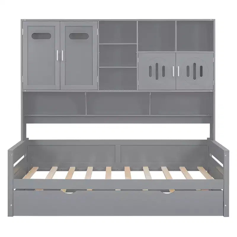Lit de repos double/complet avec bibliothèque de rangement, lit de repos en bois avec lit gigogne, lit de repos en bois avec armoires de rangement et étagères