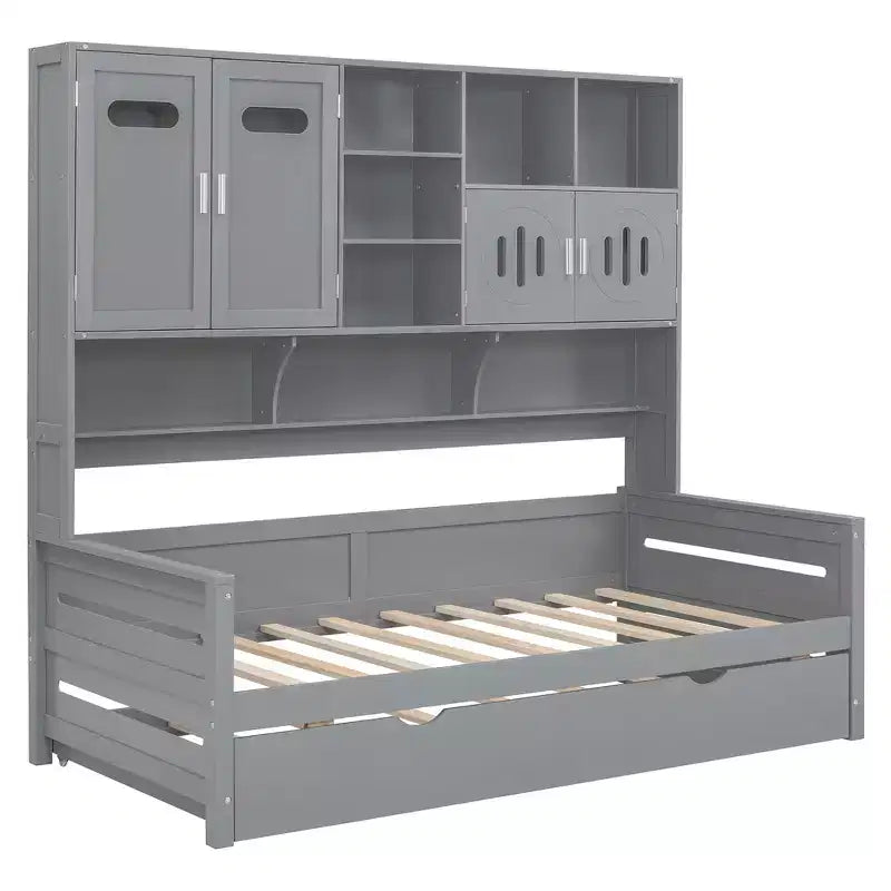 Lit de repos double/complet avec bibliothèque de rangement, lit de repos en bois avec lit gigogne, lit de repos en bois avec armoires de rangement et étagères