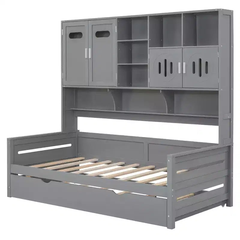 Lit de repos double/complet avec bibliothèque de rangement, lit de repos en bois avec lit gigogne, lit de repos en bois avec armoires de rangement et étagères