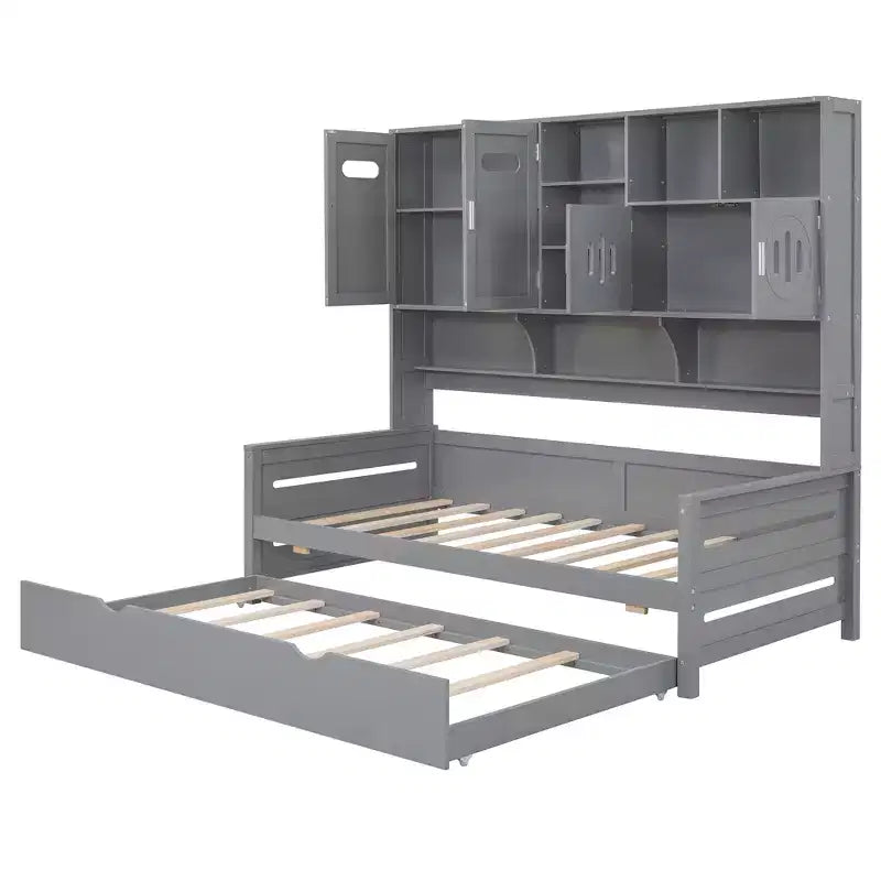 Lit de repos double/complet avec bibliothèque de rangement, lit de repos en bois avec lit gigogne, lit de repos en bois avec armoires de rangement et étagères