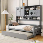 Twin/Full Daybed with and Storage Bookcase, Wood Daybed with Trundle, Wooden Day Bed with Storage Cabinets Shelves