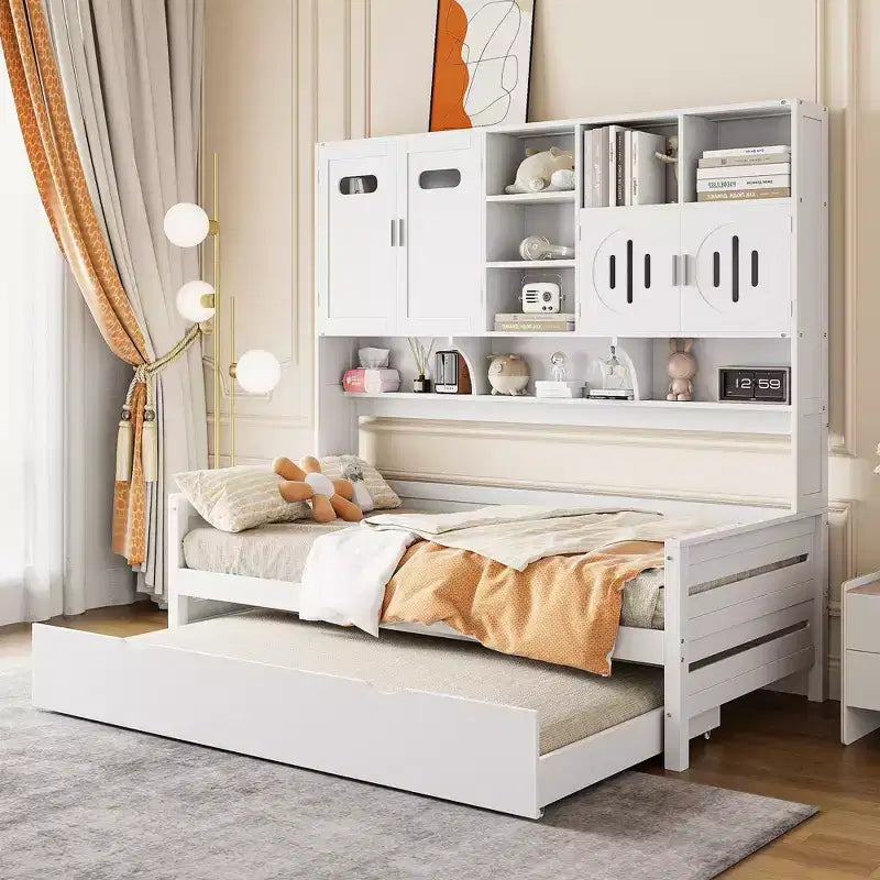 Lit de repos double/complet avec bibliothèque de rangement, lit de repos en bois avec lit gigogne, lit de repos en bois avec armoires de rangement et étagères