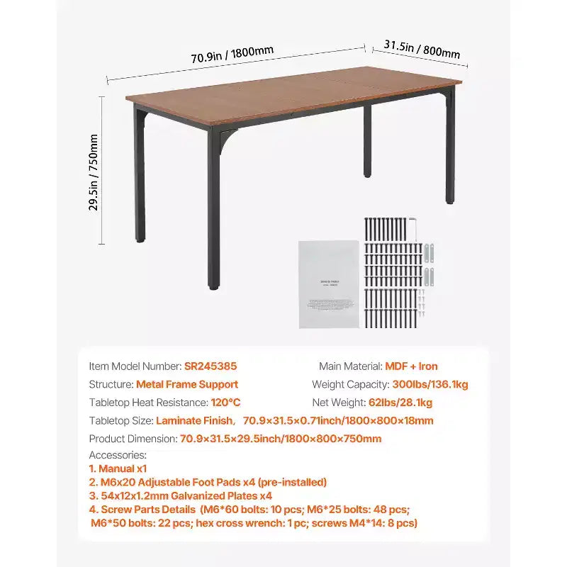 VEVOR Table de Salle à Manger Rectangulaire, Grande Table en Bois de 180 cm de Long pour 6-8 Personnes, Meuble de Salle à Manger de Style Ferme, avec Pieds en Fer (Table Uniquement), Marron