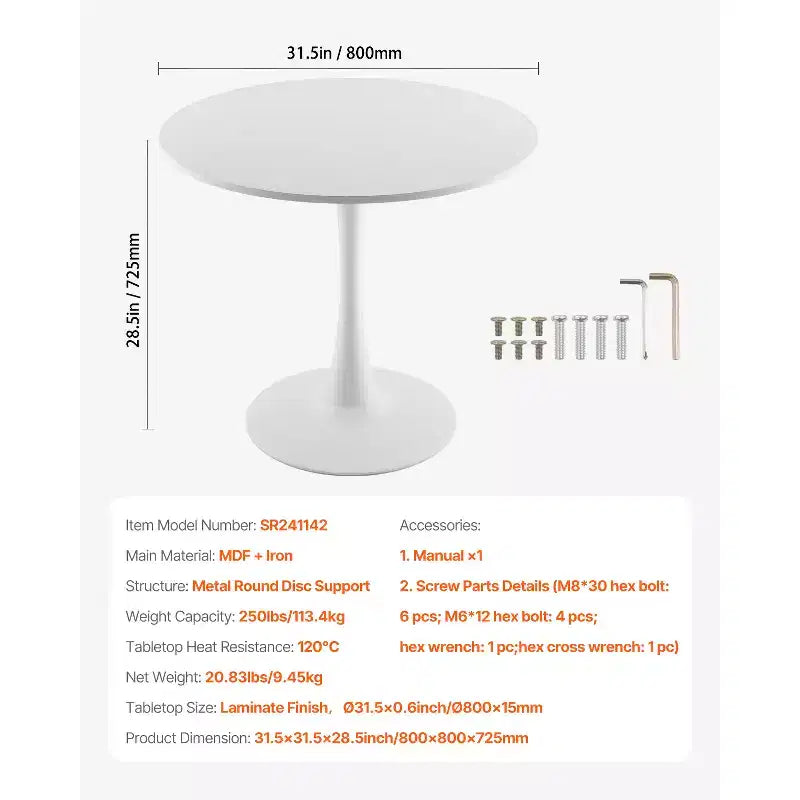VEVOR Table de Salle à Manger Ronde, Table en Bois de 80 cm pour 2-4 Personnes, Meuble Circulaire Moderne, avec Pied Tulipe, (Table Uniquement), Blanc