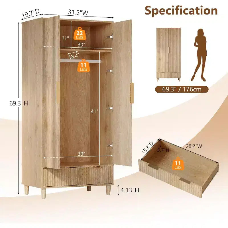 VINGLI Armoire Penderie avec Portes et Tiroirs, Armoire de Rangement