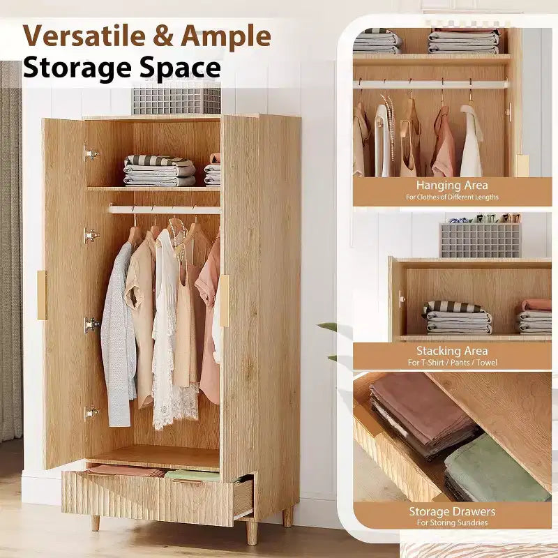 VINGLI Armoire Penderie avec Portes et Tiroirs, Armoire de Rangement