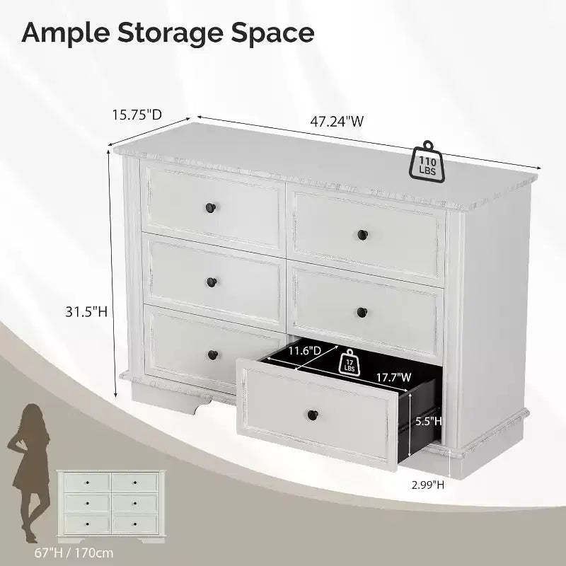 Commode blanche VINGLI à 6 tiroirs, commode en bois pour chambre à coucher, chiffonnier