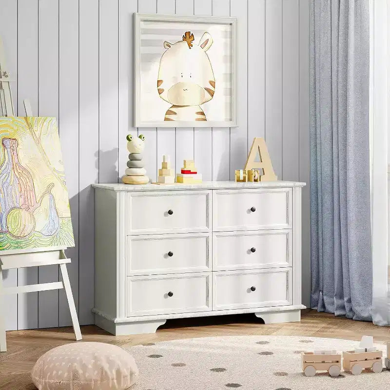 Commode blanche VINGLI à 6 tiroirs, commode en bois pour chambre à coucher, chiffonnier