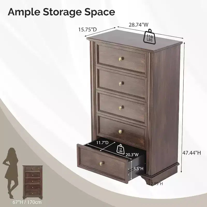 VINGLI Commode Haute à 5 Tiroirs, Commode Marron en Bois pour Chambre à Coucher