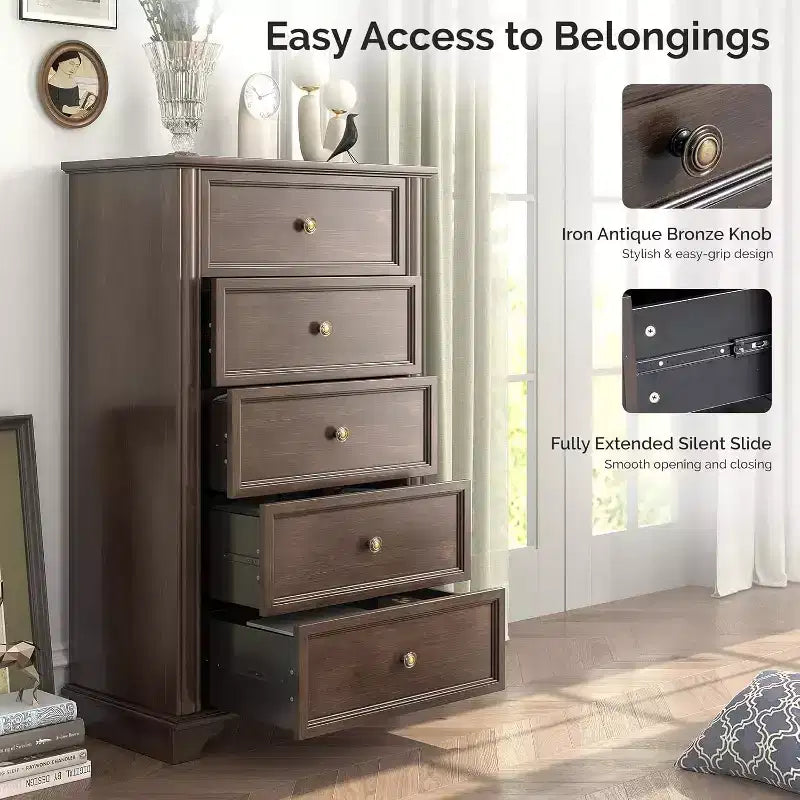 VINGLI Commode Haute à 5 Tiroirs, Commode Marron en Bois pour Chambre à Coucher