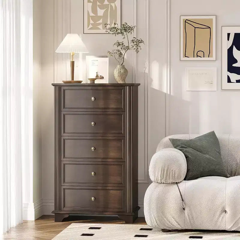 VINGLI Commode Haute à 5 Tiroirs, Commode Marron en Bois pour Chambre à Coucher