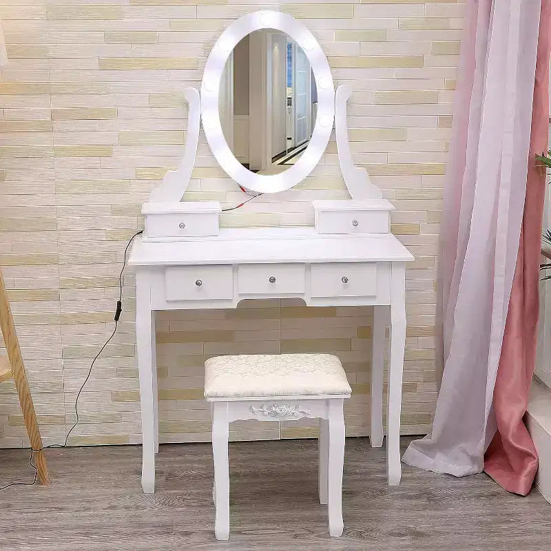Coiffeuse avec miroir et lumières, Table de maquillage en bois avec miroir ovale et tabouret, 3 modes d'éclairage (blanc)