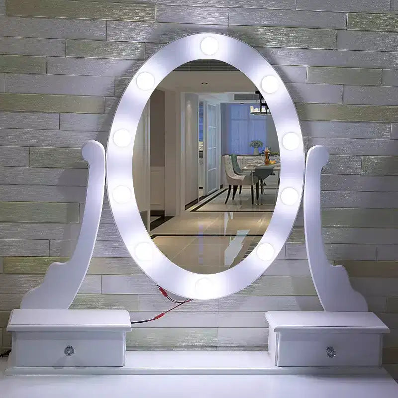 Coiffeuse avec miroir et lumières, Table de maquillage en bois avec miroir ovale et tabouret, 3 modes d'éclairage (blanc)