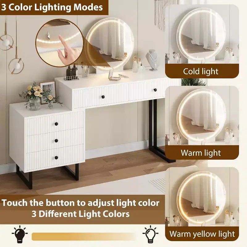 Coiffeuse avec miroir et lumières, coiffeuse de 125 cm de hauteur avec 3 couleurs de lumière et luminosité réglable