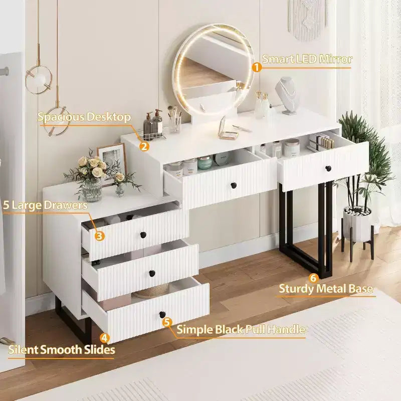 Coiffeuse avec miroir et lumières, coiffeuse de 125 cm de hauteur avec 3 couleurs de lumière et luminosité réglable