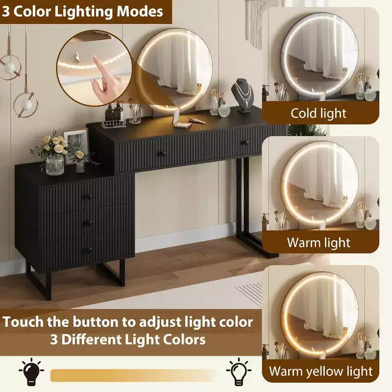 Coiffeuse avec miroir et lumières, coiffeuse de 125 cm de hauteur avec 3 couleurs de lumière et luminosité réglable