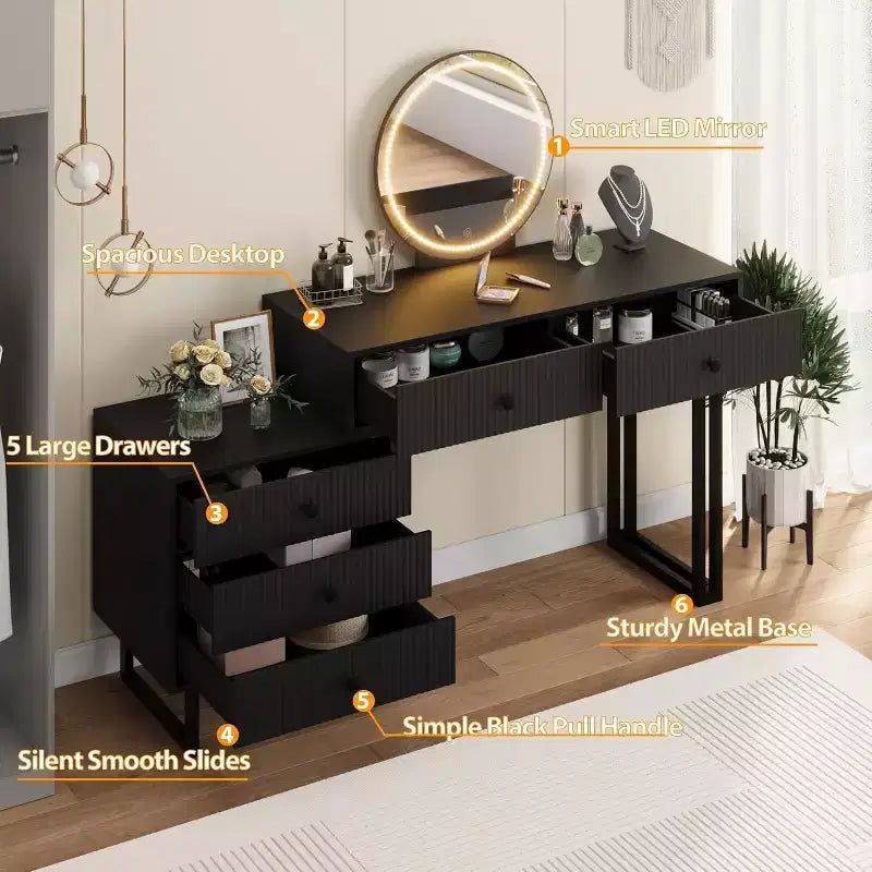 Coiffeuse avec miroir et lumières, coiffeuse de 125 cm de hauteur avec 3 couleurs de lumière et luminosité réglable