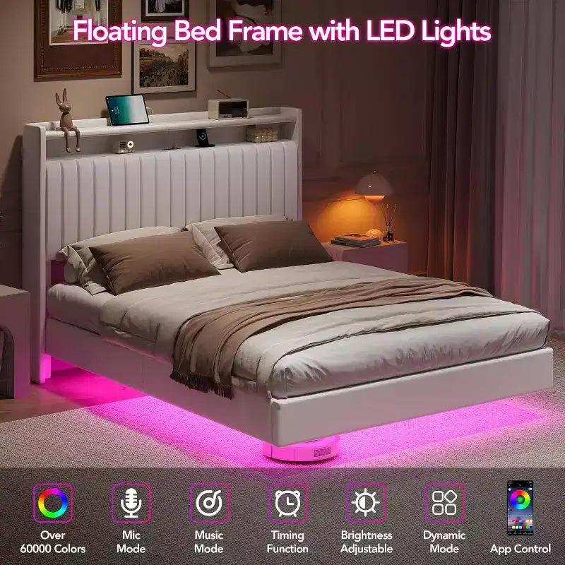 Cadre de lit Acekool flottant avec station de recharge USB, lit plateforme tapissé avec rangement dans la tête de lit et éclairage LED doux