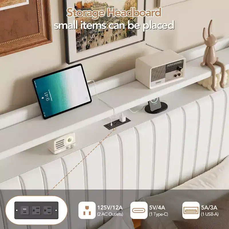 Cadre de lit Acekool flottant avec station de recharge USB, lit plateforme tapissé avec rangement dans la tête de lit et éclairage LED doux