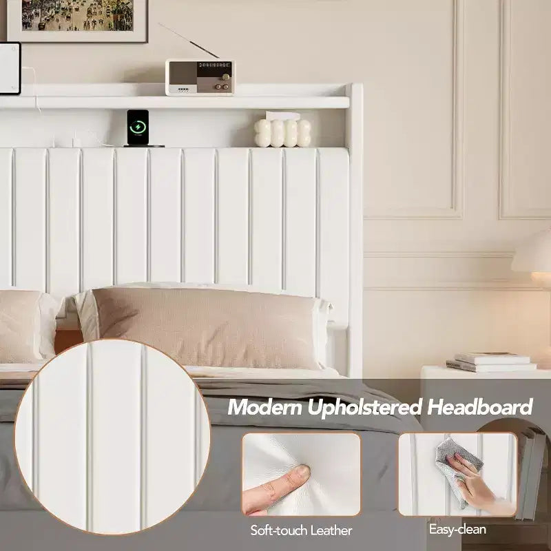 Cadre de lit Acekool flottant avec station de recharge USB, lit plateforme tapissé avec rangement dans la tête de lit et éclairage LED doux
