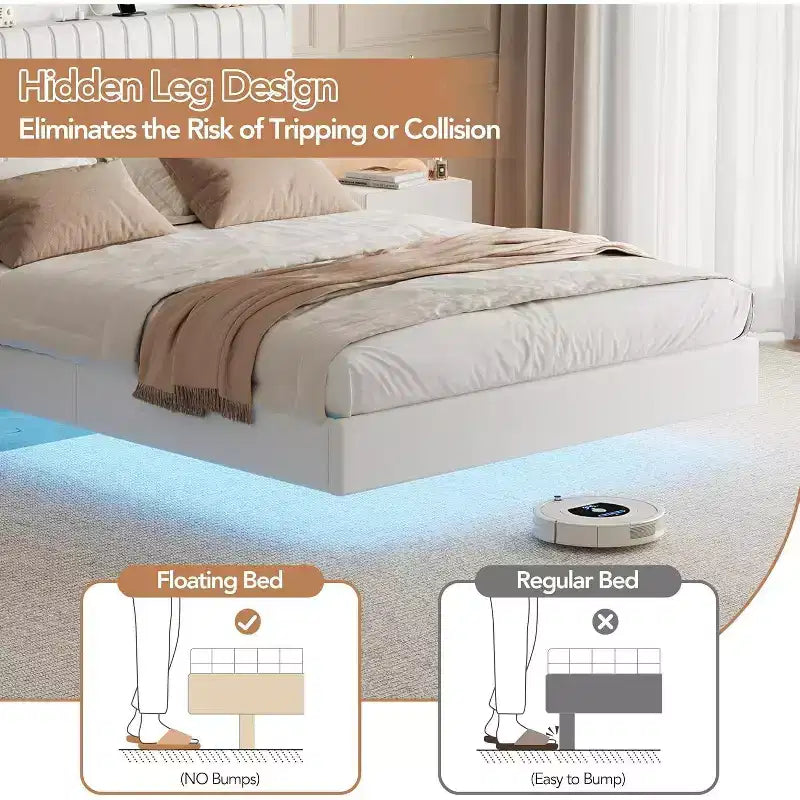 Cadre de lit Acekool flottant avec station de recharge USB, lit plateforme tapissé avec rangement dans la tête de lit et éclairage LED doux