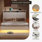 Cadre de lit Acekool flottant avec station de recharge USB, lit plateforme tapissé avec rangement dans la tête de lit et éclairage LED doux