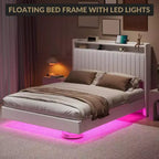 Cadre de lit Acekool flottant avec station de recharge USB, lit plateforme tapissé avec rangement dans la tête de lit et éclairage LED doux
