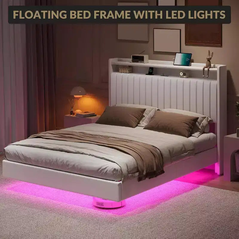 Cadre de lit Acekool flottant avec station de recharge USB, lit plateforme tapissé avec rangement dans la tête de lit et éclairage LED doux