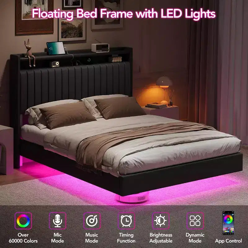 Cadre de lit Acekool flottant avec station de recharge USB, lit plateforme tapissé avec rangement dans la tête de lit et éclairage LED doux