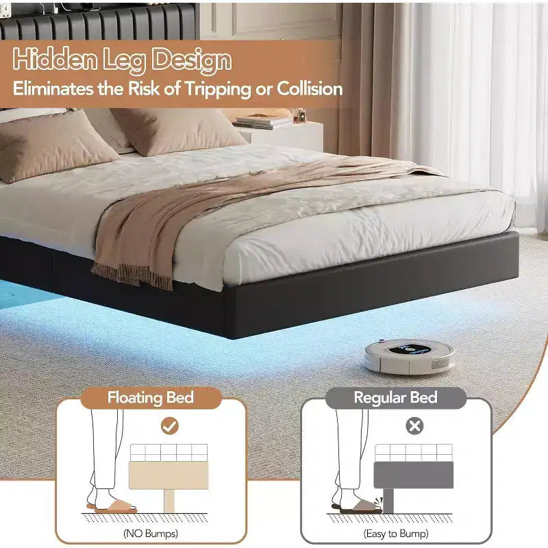 Cadre de lit Acekool flottant avec station de recharge USB, lit plateforme tapissé avec rangement dans la tête de lit et éclairage LED doux