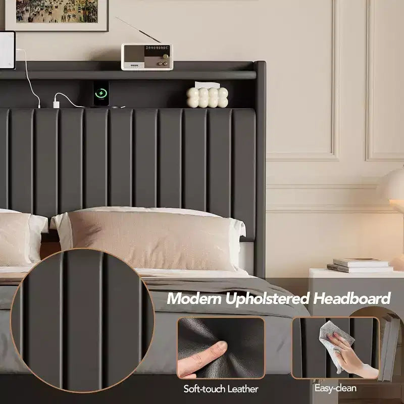 Cadre de lit Acekool flottant avec station de recharge USB, lit plateforme tapissé avec rangement dans la tête de lit et éclairage LED doux