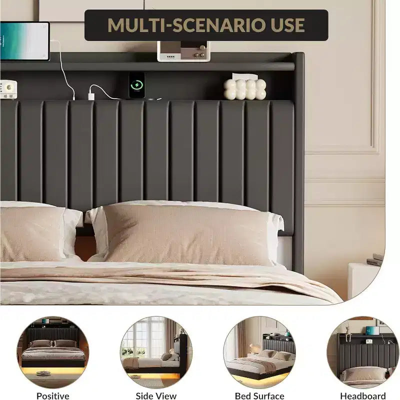 Cadre de lit Acekool flottant avec station de recharge USB, lit plateforme tapissé avec rangement dans la tête de lit et éclairage LED doux