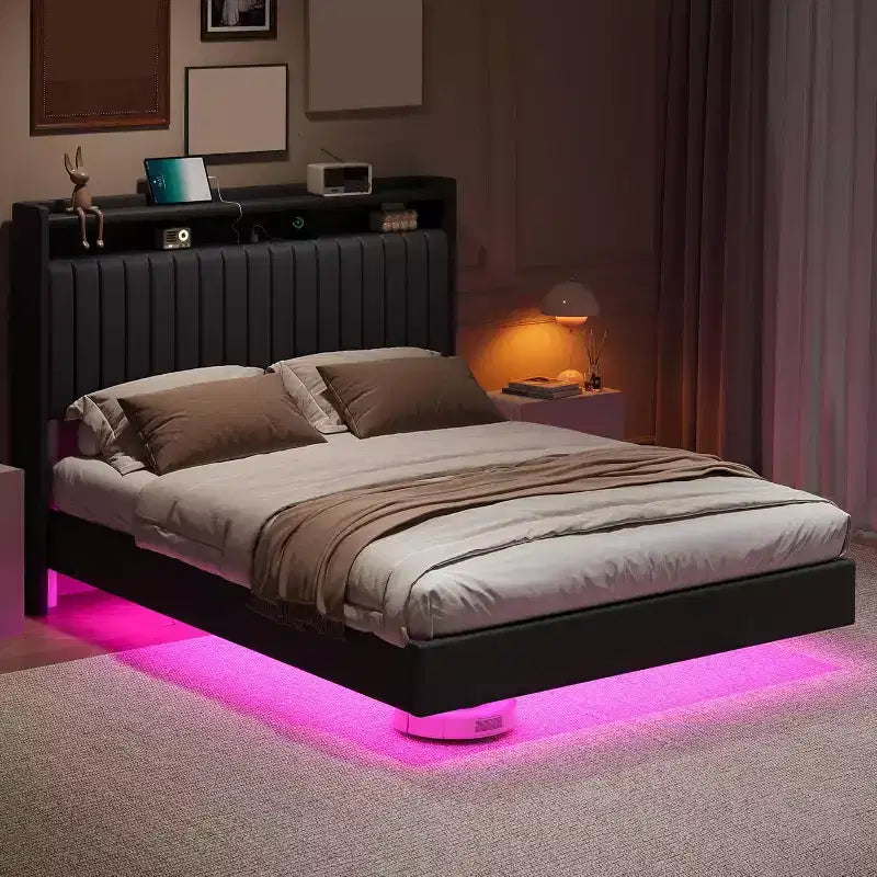 Cadre de lit Acekool flottant avec station de recharge USB, lit plateforme tapissé avec rangement dans la tête de lit et éclairage LED doux