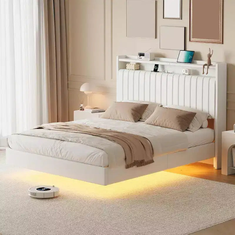 Cadre de lit Acekool flottant avec station de recharge USB, lit plateforme tapissé avec rangement dans la tête de lit et éclairage LED doux