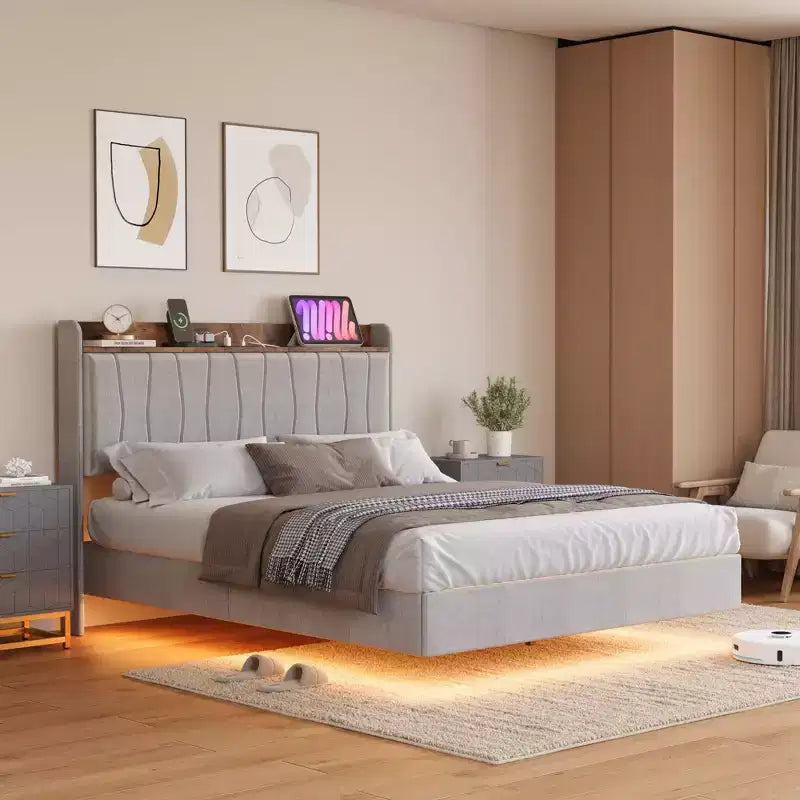 Cadre de lit, lit plateforme flottant avec tête de lit, lattes en bois, cadre de lit rembourré, pas besoin de sommier, montage facile