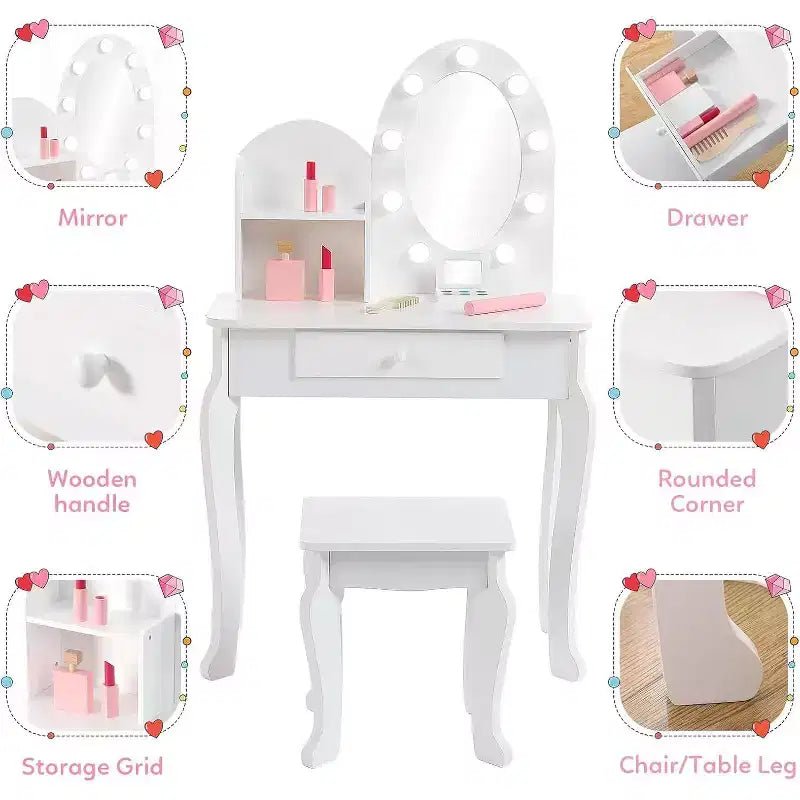 Coiffeuse avec miroir lumineux tactile et tabouret, ensemble coiffeuse et chaise pour filles