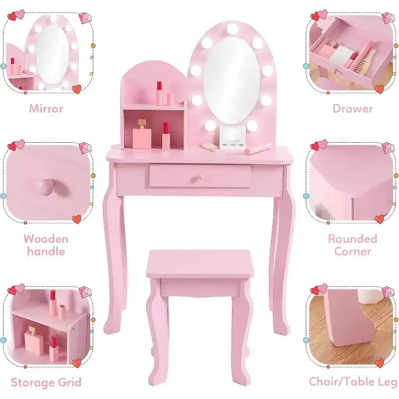 Coiffeuse avec miroir lumineux tactile et tabouret, ensemble coiffeuse et chaise pour filles