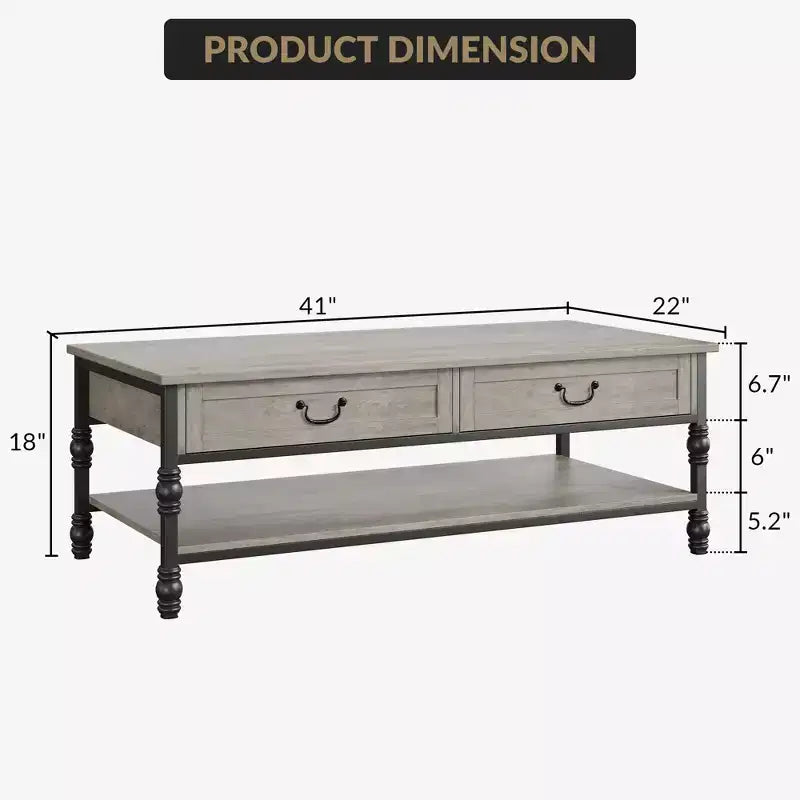 Table basse de 104 cm avec 2 tiroirs et étagère ouverte, Table centrale rectangulaire de style ferme vintage avec rangement pour salon, Assemblage et nettoyage faciles