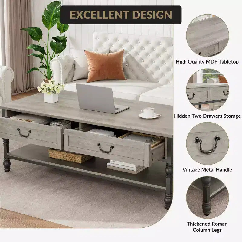 Table basse de 104 cm avec 2 tiroirs et étagère ouverte, Table centrale rectangulaire de style ferme vintage avec rangement pour salon, Assemblage et nettoyage faciles