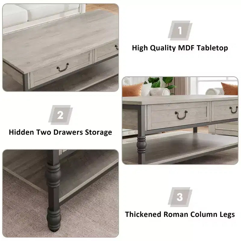 Table basse de 104 cm avec 2 tiroirs et étagère ouverte, Table centrale rectangulaire de style ferme vintage avec rangement pour salon, Assemblage et nettoyage faciles