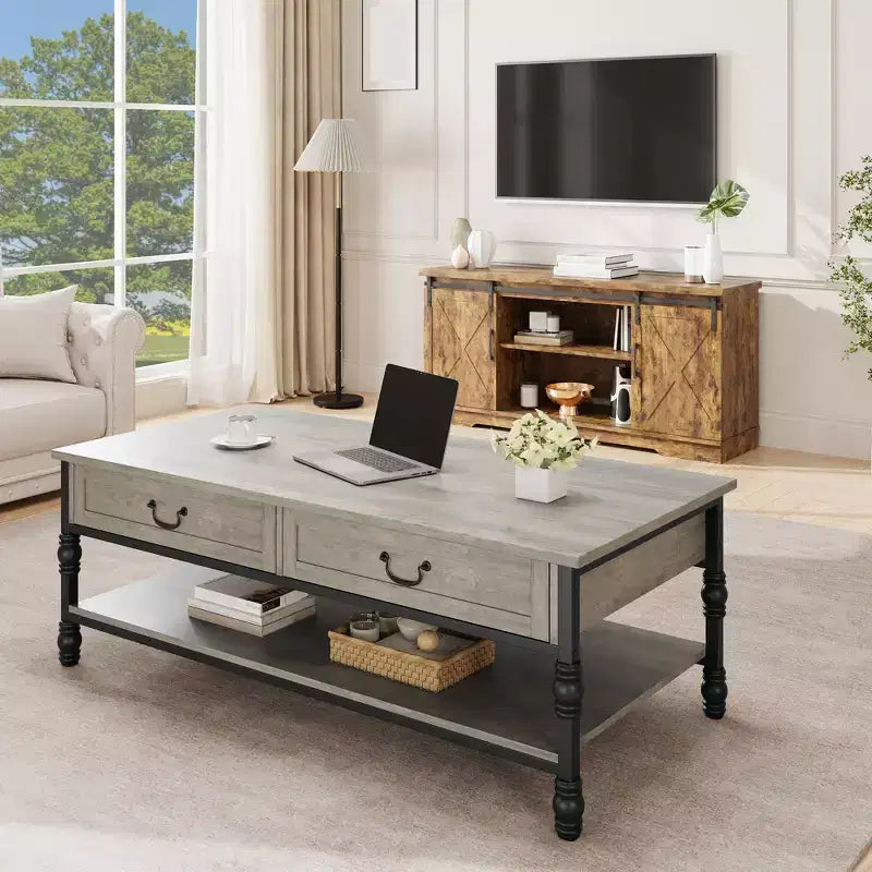 Table basse de 104 cm avec 2 tiroirs et étagère ouverte, Table centrale rectangulaire de style ferme vintage avec rangement pour salon, Assemblage et nettoyage faciles