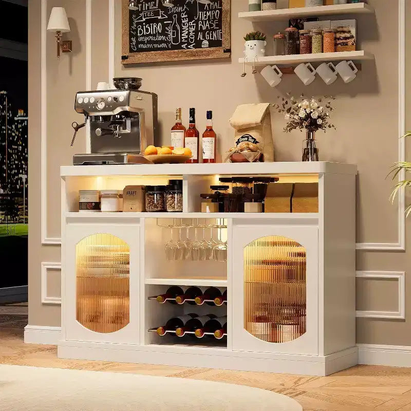 Buffet avec lumières LED, meuble de bar à vin, blanc, moderne