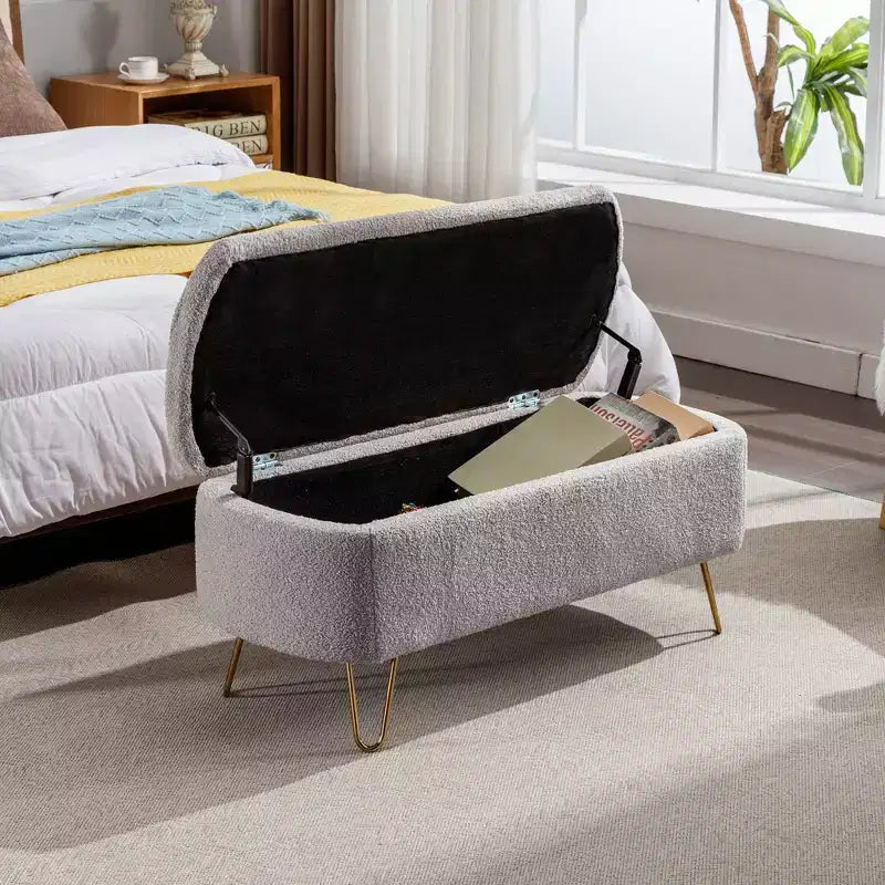 Banc de rangement ottoman Clihome pour pied de lit, banc d'entrée moderne en fausse fourrure blanc ivoire, rembourré avec rangement pour salon et chambre