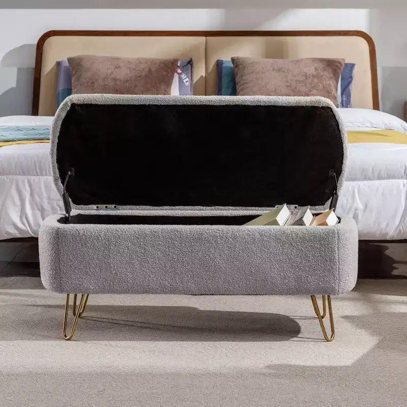 Banc de rangement ottoman Clihome pour pied de lit, banc d'entrée moderne en fausse fourrure blanc ivoire, rembourré avec rangement pour salon et chambre
