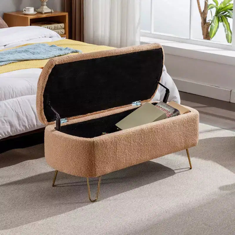 Banc de rangement ottoman Clihome pour pied de lit, banc d'entrée moderne en fausse fourrure blanc ivoire, rembourré avec rangement pour salon et chambre