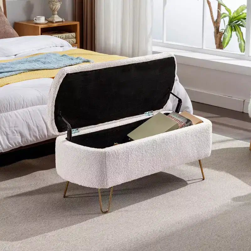 Banc de rangement ottoman Clihome pour pied de lit, banc d'entrée moderne en fausse fourrure blanc ivoire, rembourré avec rangement pour salon et chambre